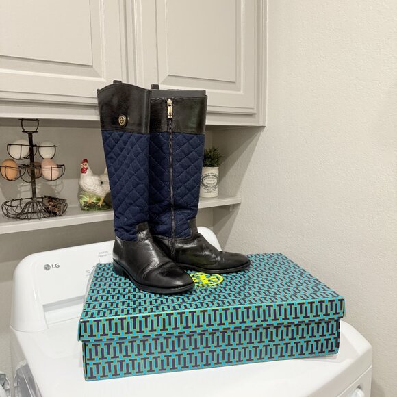 Tory Burch Black Leather & Blue Quilted Roslie Tall Riding Boots with Gold Logo - Picture 11 of 17